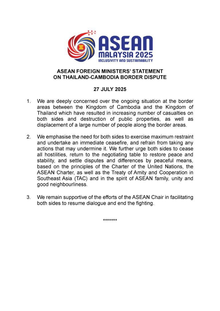 Asean Foreign Ministers' Statement on Thailand-Cambodia Border Dispute and Joint Press Release on the Special Meeting hosted by Malaysia to Address the Current Situation between Cambodia and Thailand