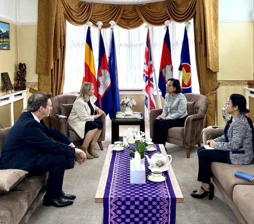 Ambassador Tuot Panha received a courtesy call from Ms. Abigail Fryer, who has been appointed as Counsellor and Deputy Head of Mission at the British Embassy in Cambodia