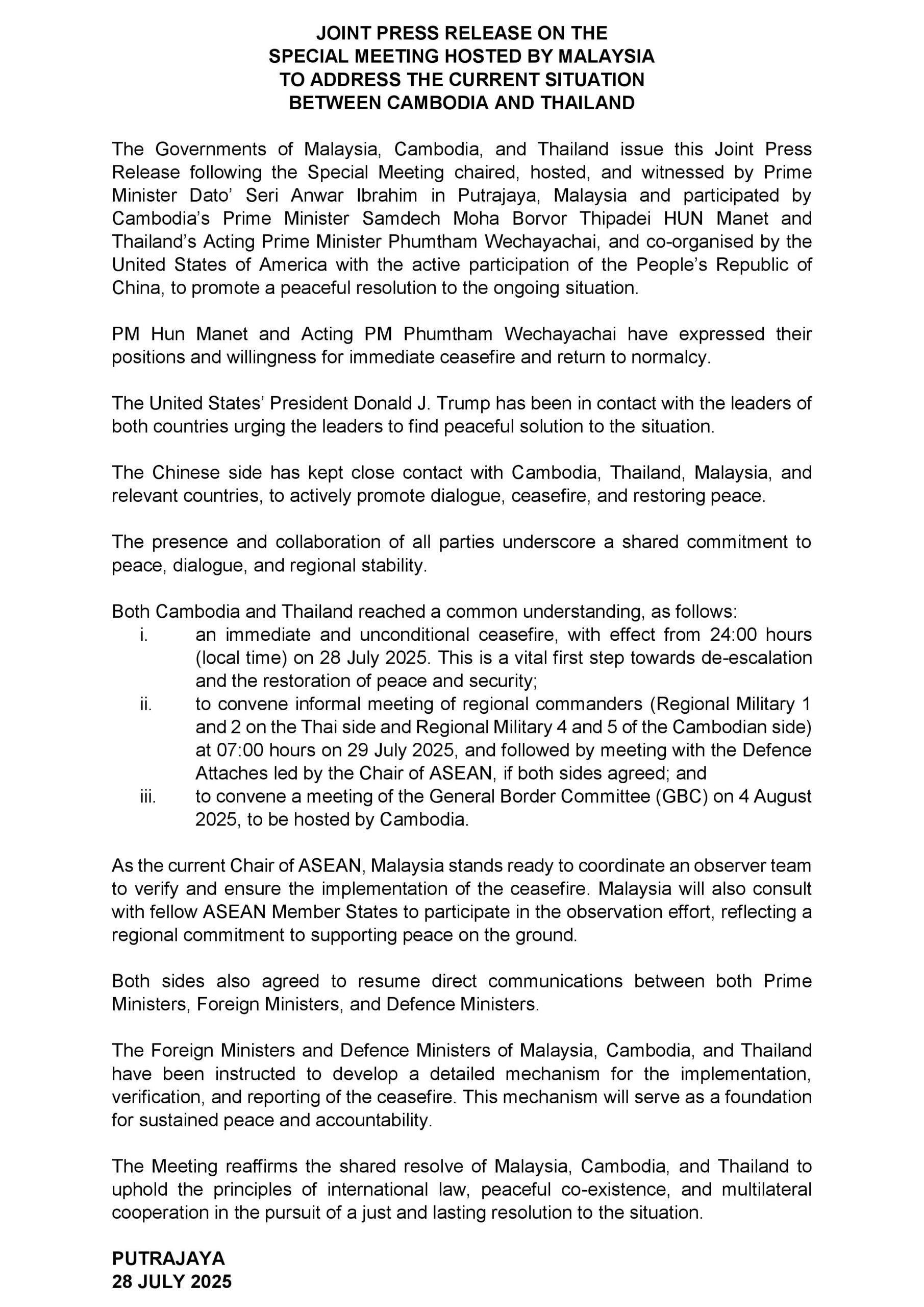 Asean Foreign Ministers' Statement on Thailand-Cambodia Border Dispute and Joint Press Release on the Special Meeting hosted by Malaysia to Address the Current Situation between Cambodia and Thailand