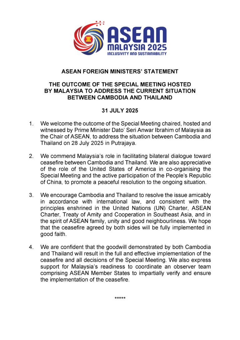 The Outcome of the Special Meeting Hosted by Malaysia to Address the Current Situation between Cambodia and Thailand