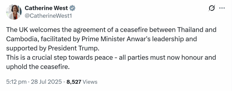 The United Kingdom welcomes the ceasefire agreement between Cambodia and Thailand
