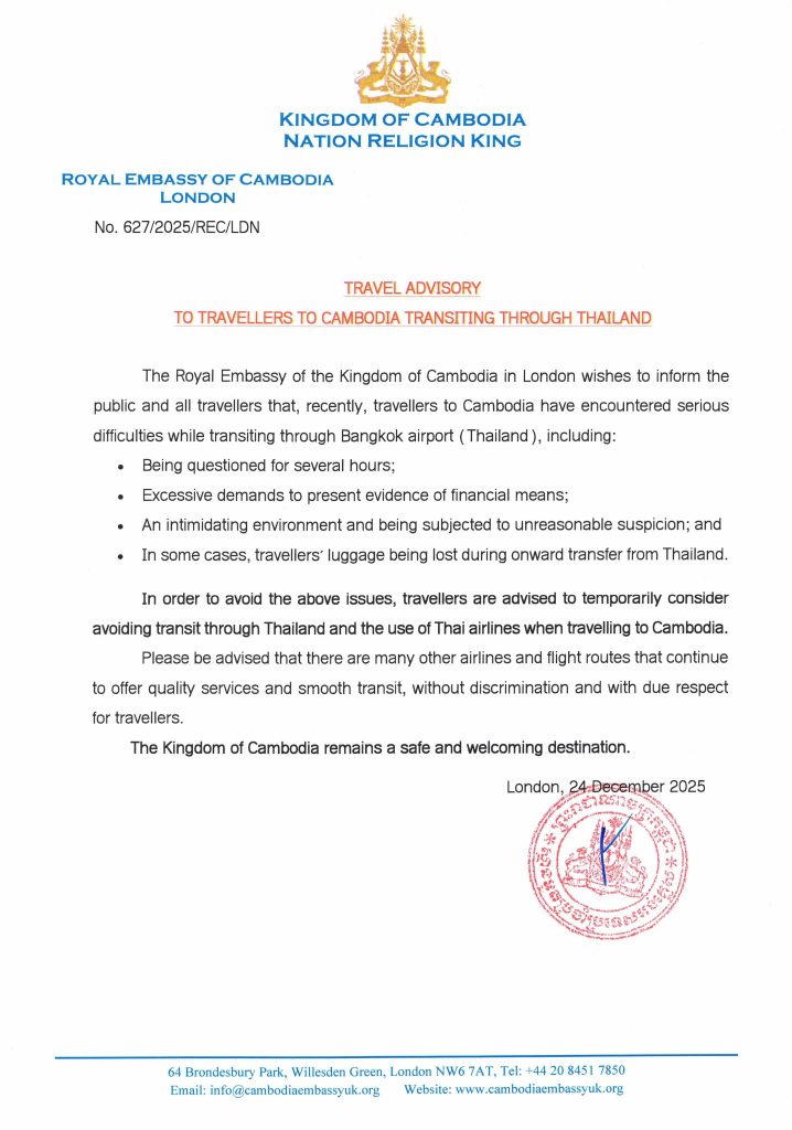 Travel Advisory to Travellers to Cambodia Transiting Through Thailand