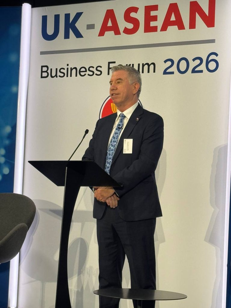 Ambassador Tuot Panha attended the UK–ASEAN Business Forum 2026 in London, accompanied by Mr. Hang Sochivin, Trade Attaché, and Mrs. Heng Chhun Leang, First Secretary from the Embassy