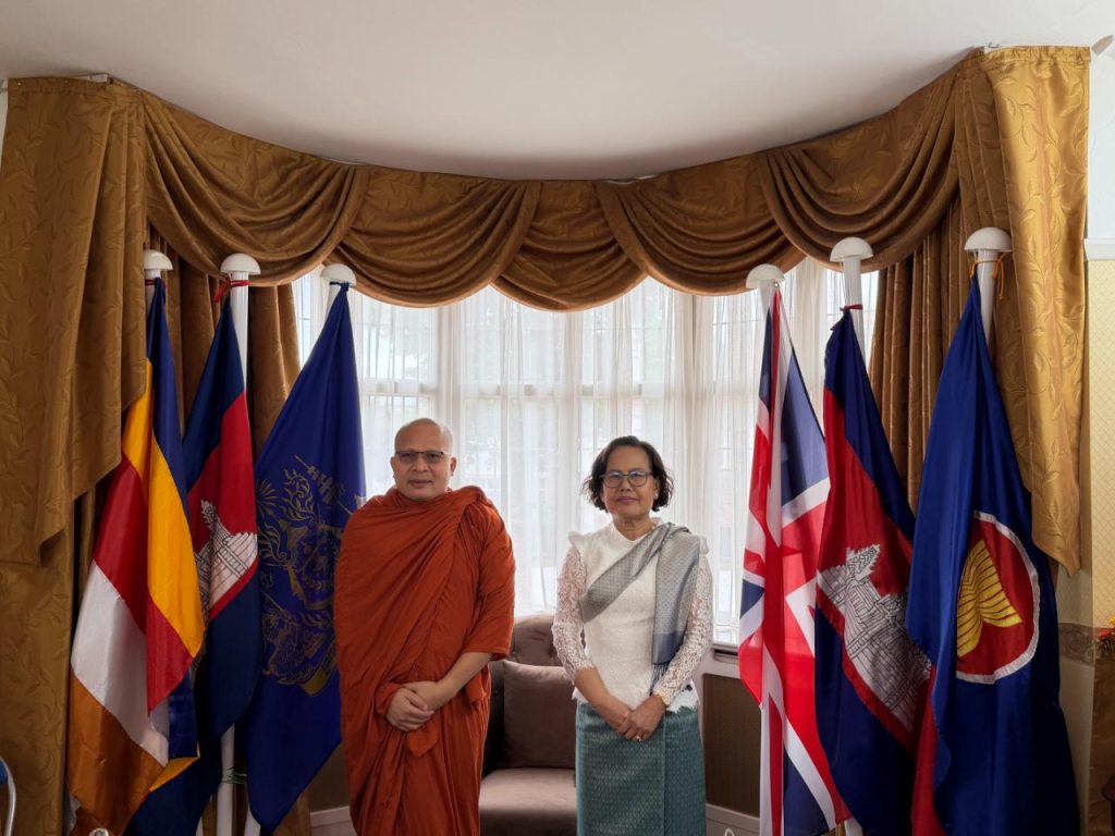 The Royal Embassy of Cambodia to the United Kingdom and Northern Ireland organized a Buddhist religious ceremony comprising the chanting of sacred Buddhist scriptures (Paritta), a memorial merit-making ceremony (Bangsakul), and a Dhamma sermon delivered by Venerable Samdech Preah Udom Vongsa Dr. Kou Sopheap, Abbot of Wat Nikrodhavan (Koul Totung)
